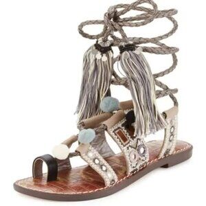 Sam Edelman Gretchen Gray Silver Ankle Wrap Tassel Gladiator Flat Sandal Size 7